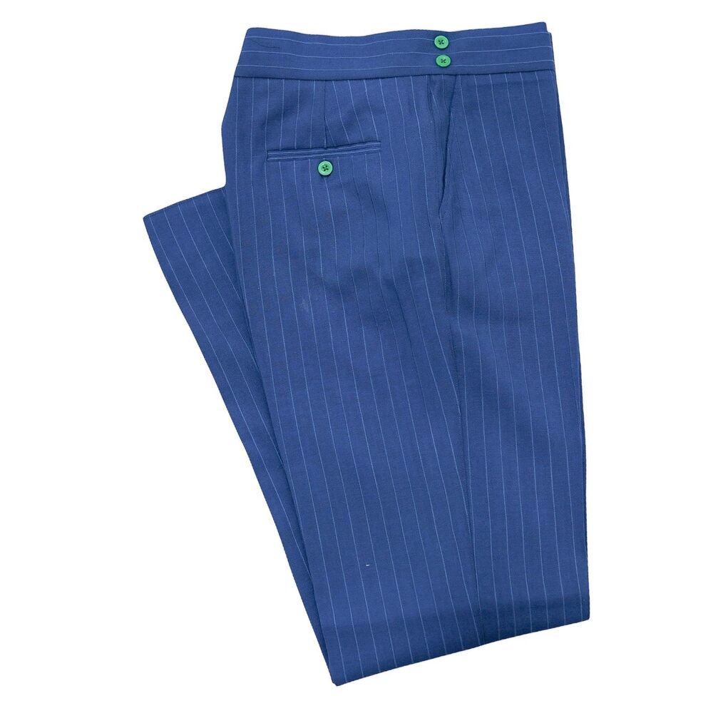 Mens 32 Gurkha Pants Blue Pinstripe Wool High Waist Flat Front Straight Trousers